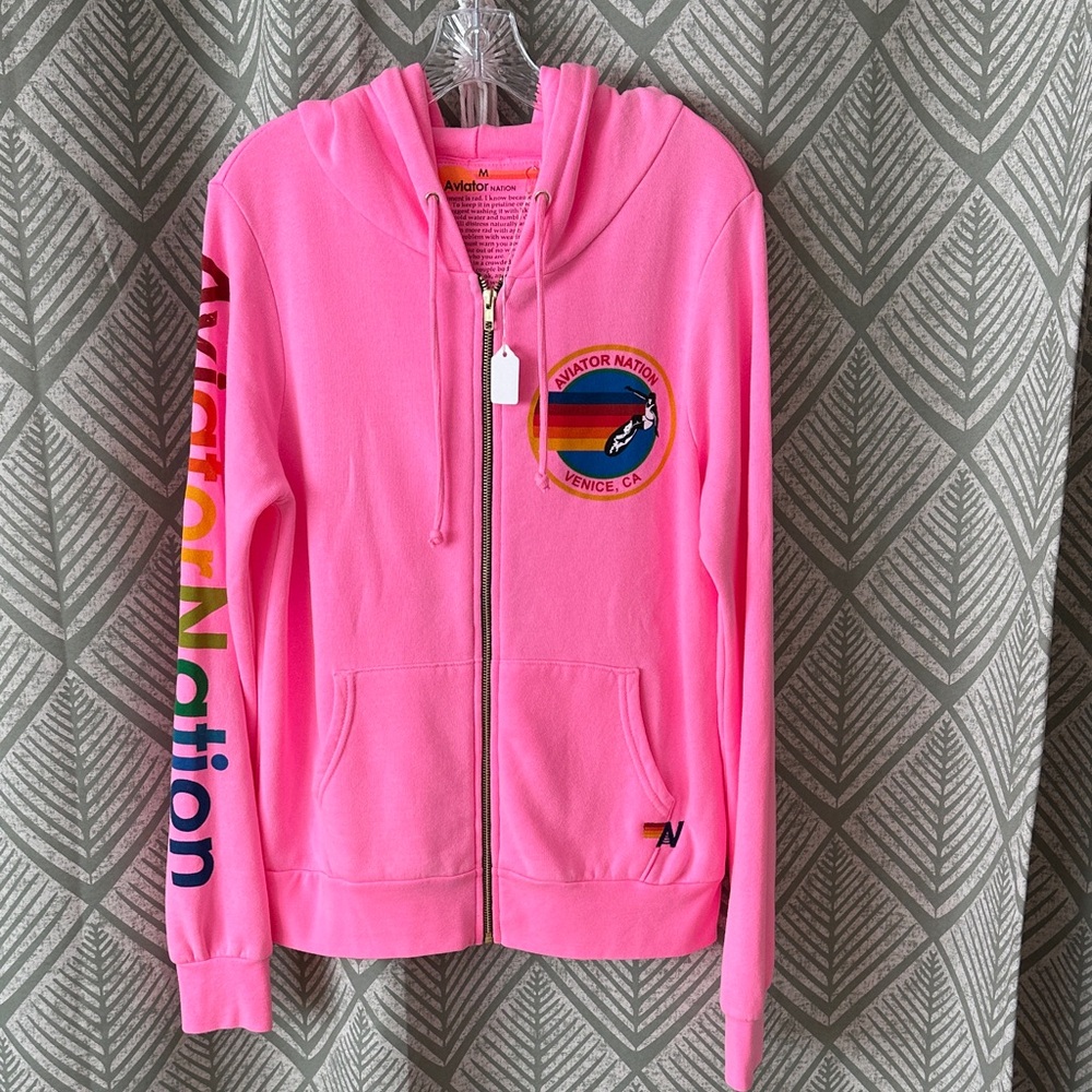 NWT Aviator Nation Pink Hoodie with Rainbow Logo Sz Medium